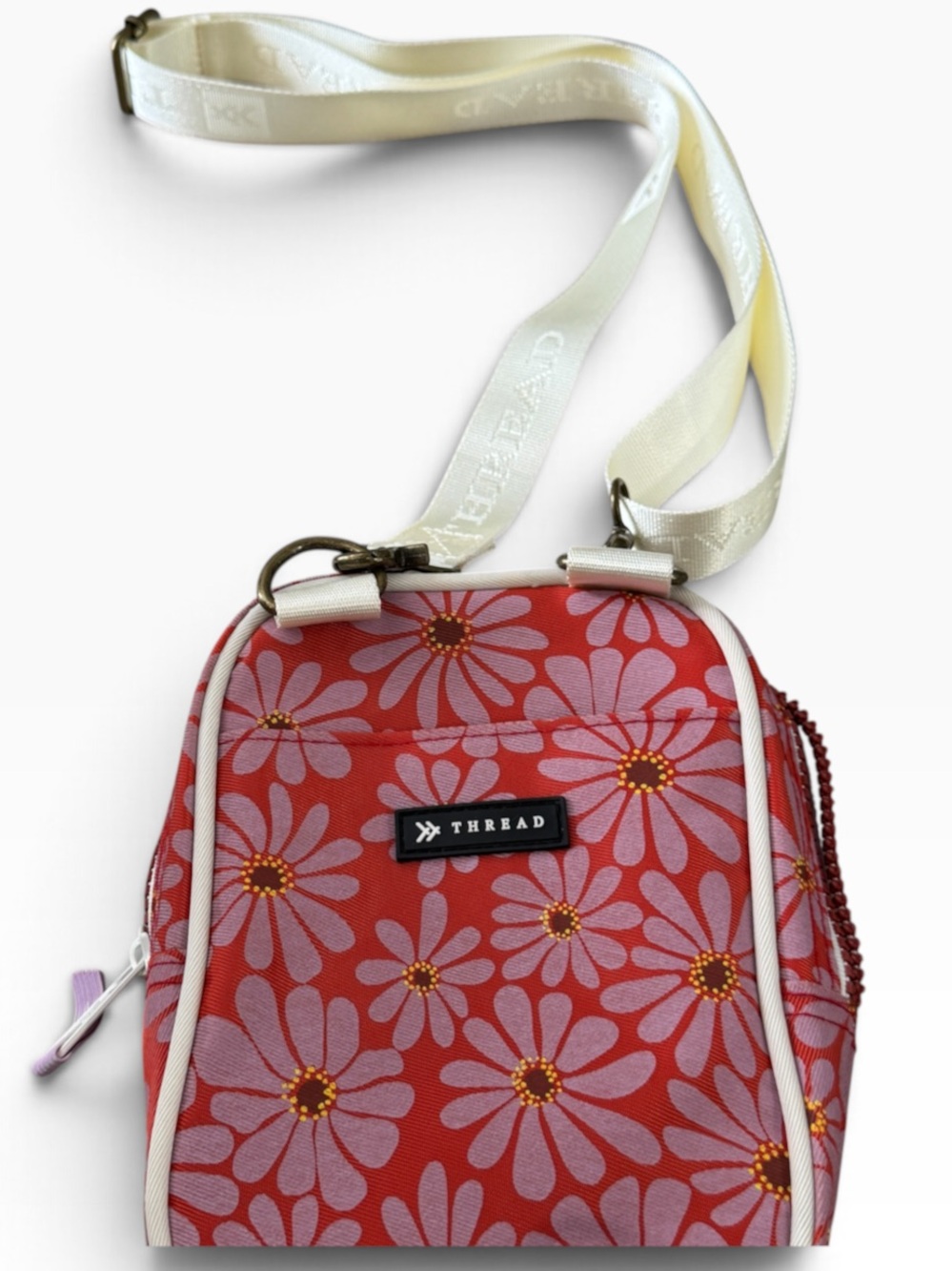 Thread Wallets Daisy-Print Coral Crossbody Pouch with Front Zip Pocket